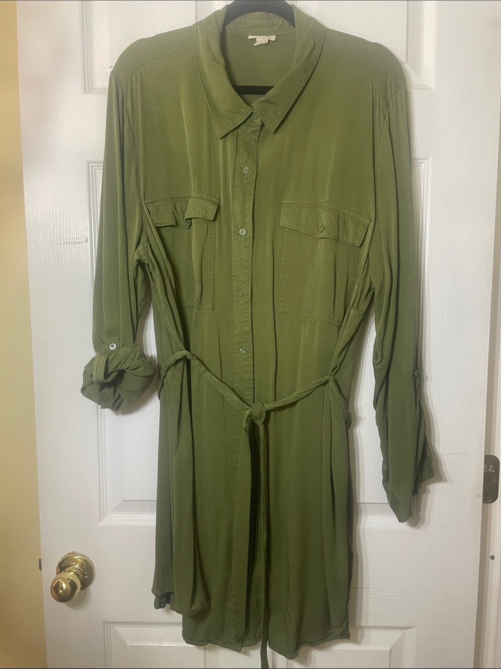 a.n.a Olive Button-Front Shirt Dress with Tie Waist
